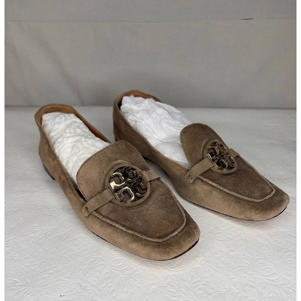 Tory Burch‎ Metal Miller Loafers River Rock/Gold Suede Square Toe Flats 7.5M